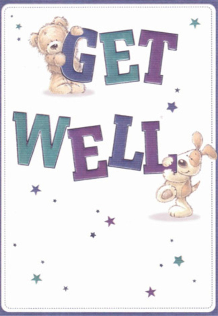 This get well card captures the very essence of cheerful encouragement, illustrated with a tender scene that brings comfort to the heart of Homerton. At its centre, a plump, smiling bear and a spirited puppy are surrounded by a constellation of shimmering stars-each stroke feels as intentional as placing wildflowers in a freshly prepared bouquet by the Regent's Canal. Bold, oversized letters spell "Get Well" in layered shades of jewel-toned purple and aquamarine, grounding the gentle narrative in vibrant optimism. The tactile illustration style makes the bear's cloud-soft fur and the puppy's silky ears almost tangible, offering a sensory invitation akin to brushing past dew-touched petals on a Hackney Downs morning. The airy composition is set against a pristine white background, producing an uplifting sense of space and cleanliness-ideal for conveying genuine wishes for a swift recovery. The mood is both nurturing and exuberant, perfectly suited for brightening the day of a neighbour or friend recuperating nearby. Like a thoughtfully arranged bouquet from a local florist, every element here radiates heartfelt care and the unique community warmth that makes Homerton feel like home.